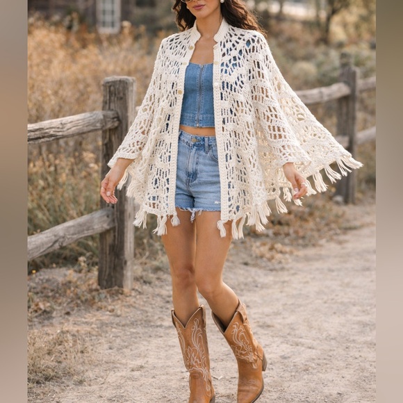 no brand Sweaters - Boho Hand-Crocheted Fringe Shawl Cardigan | Open Knit Poncho | One Size